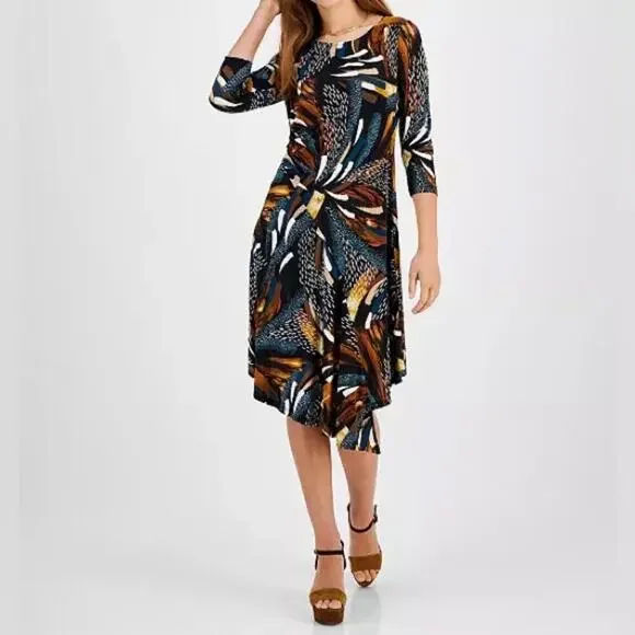 Robbie Bee Petite 3/4-Sleeve Asymmetrical-Hem Dress Teal Multi Women’s Sz PM - Picture 2 of 10